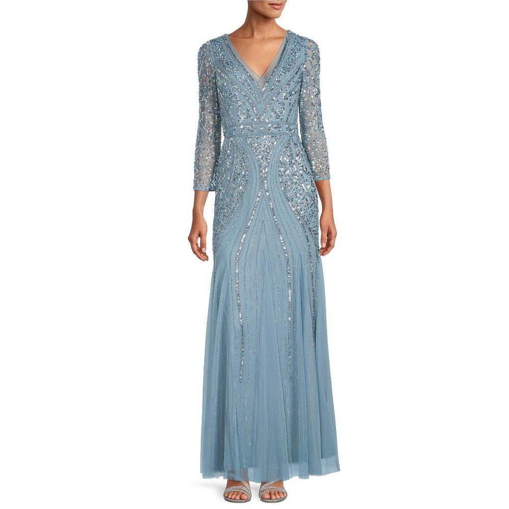 Adrianna Papell Beaded V-Neck 3/4 Sleeve A-Line Gown Air sky NWT Size 0